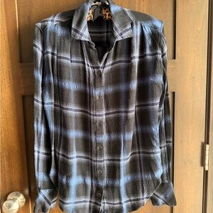 Cloth & Stone Pucker Plaid Blue and Black Shirt